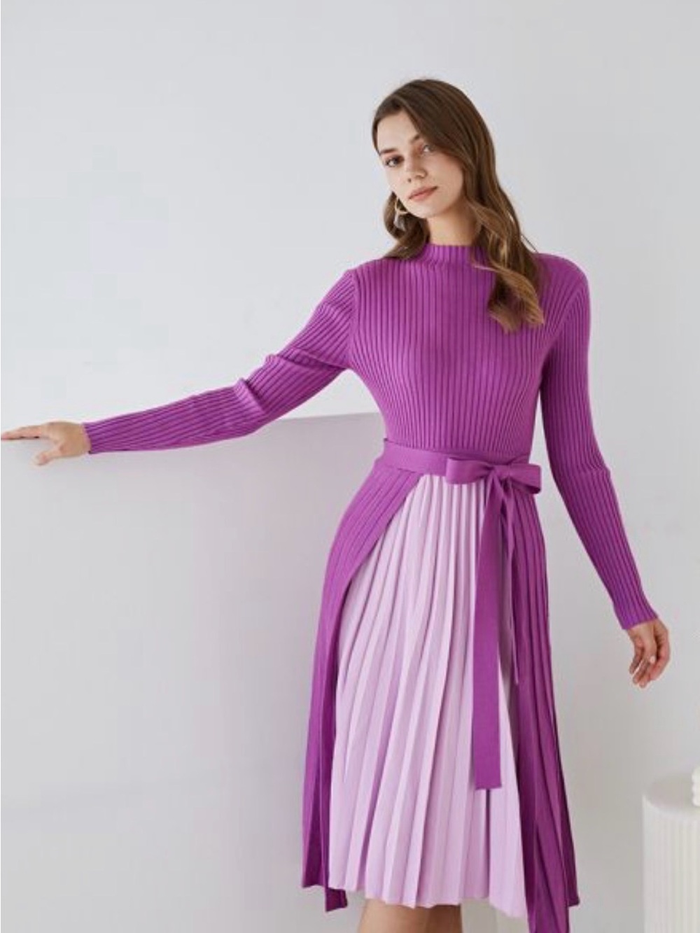 Chicwish Front Pleats Splicing Belted Hi-Lo Knit Dress - Violet